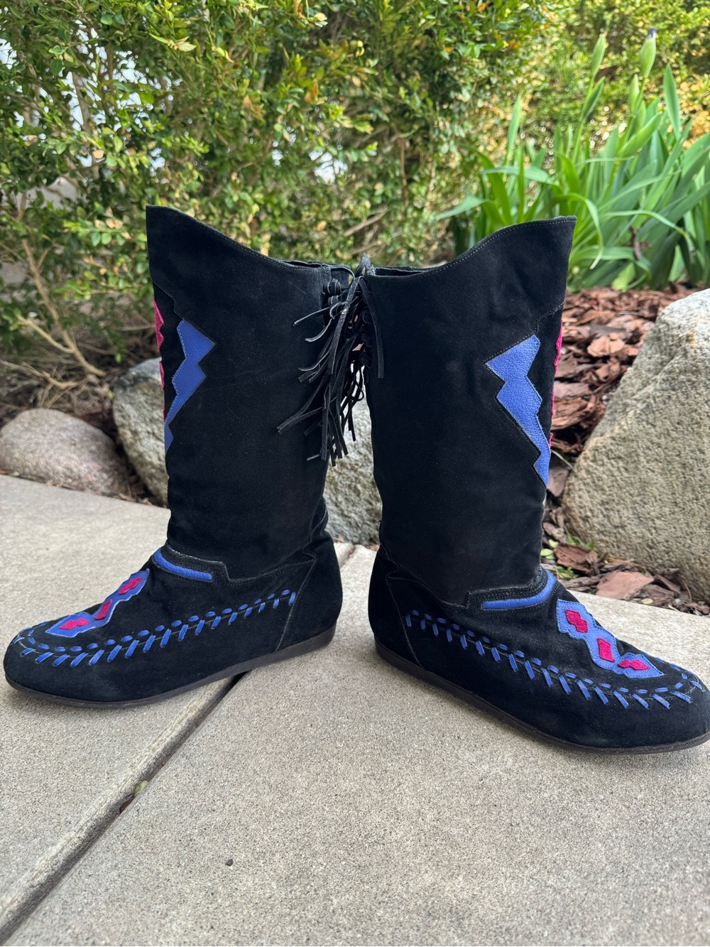 Black Suede Knee Boots w Blue Pink leather Embroidery boho cowgirl western 7.5 - Picture 4 of 10